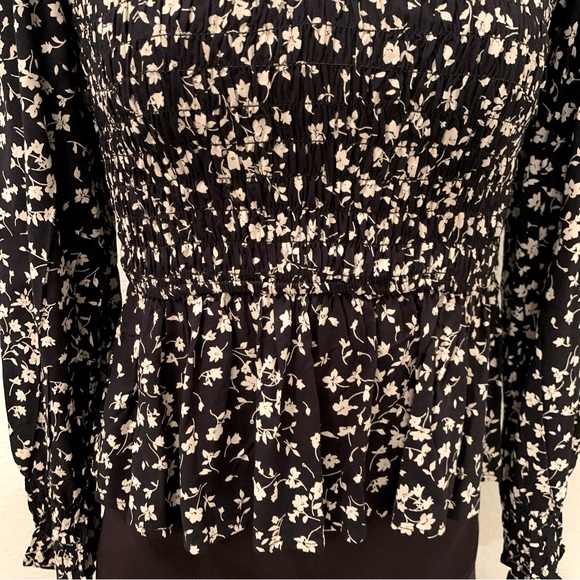 Japra Boho Peplum Black Floral Blouse Long Sleeve Top Shirt size Small Cottage - Picture 9 of 12